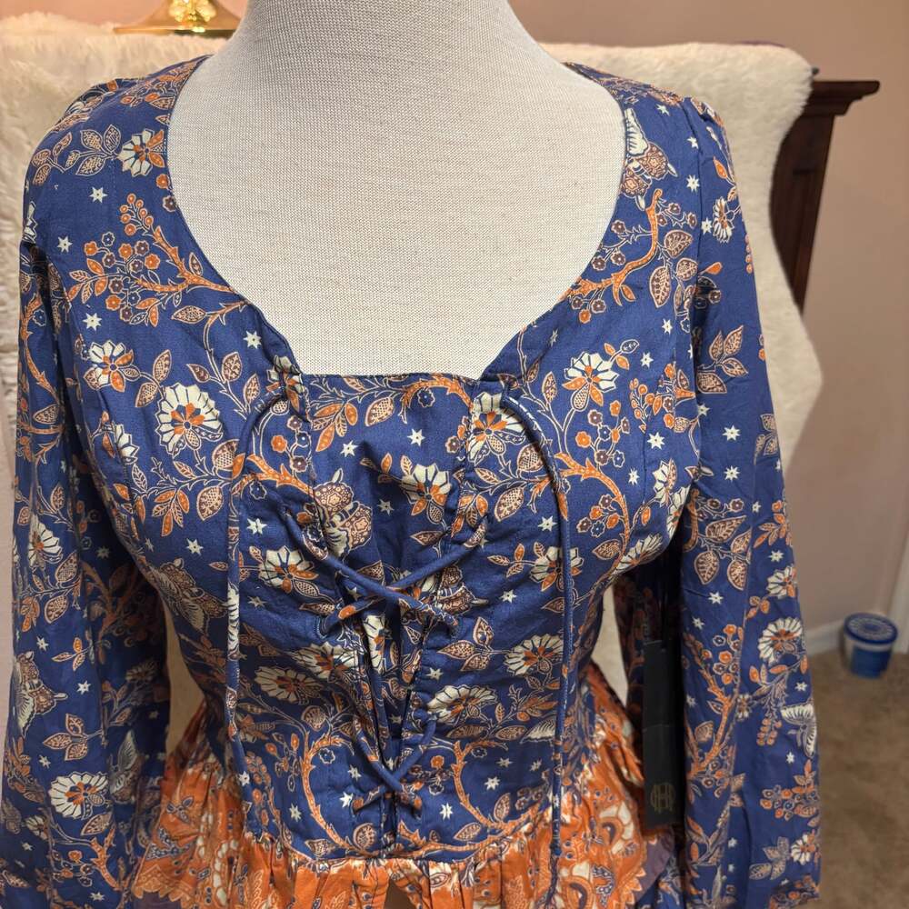 House of Harlow 1960 Nastassia Blouse Blue Floral Puff Sleeves